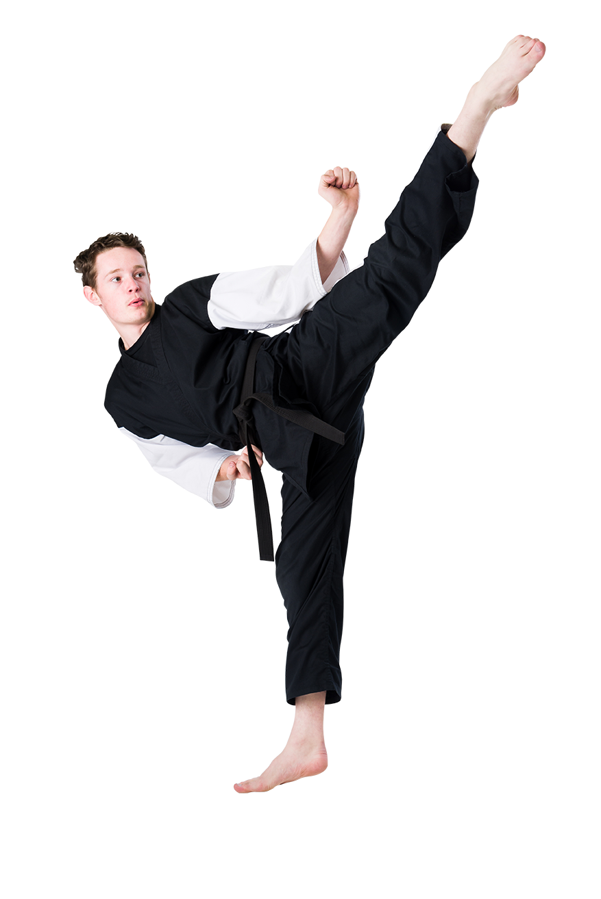Black belt practcing Karate kick