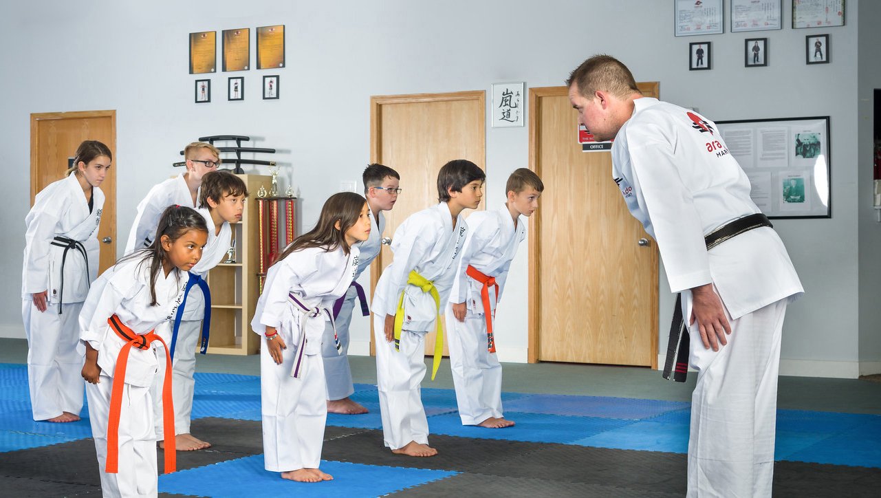 Karate instructor bowing to class