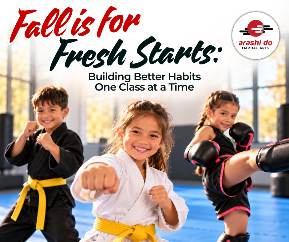 Three smiling children practicing martial arts on blue mats, including Karate and Muay Thai, with autumn leaves and the message “Fall Is for Fresh Starts: Building Better Habits One Class at a Time.”